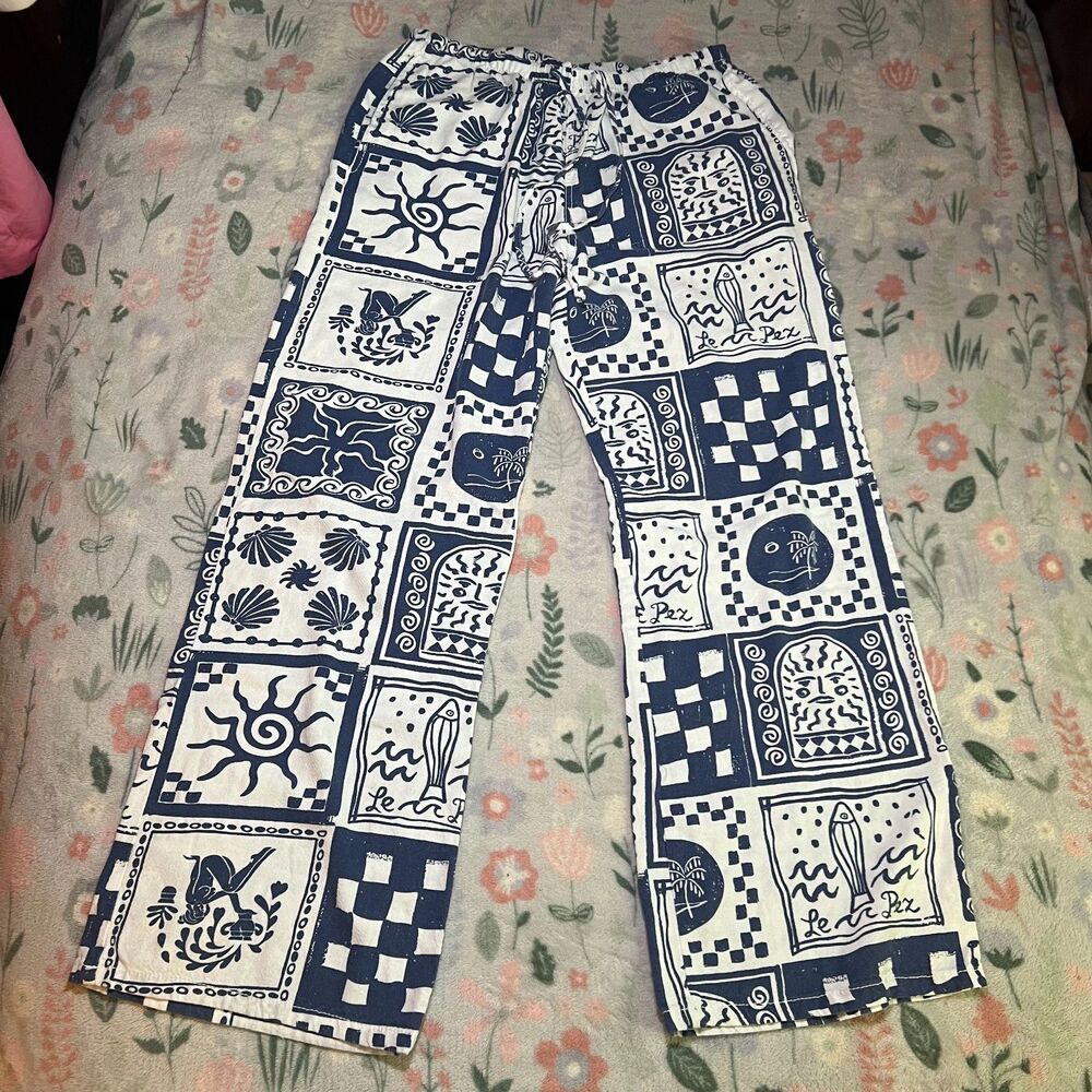 Cali 1850 Wide Leg Linen Pants M - Ocean Print Coastal Beach Sardine Euro Summer - Picture 6 of 8